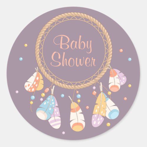 Tribal Dreamcatcher Boho Baby Shower Purple Classic Round Sticker