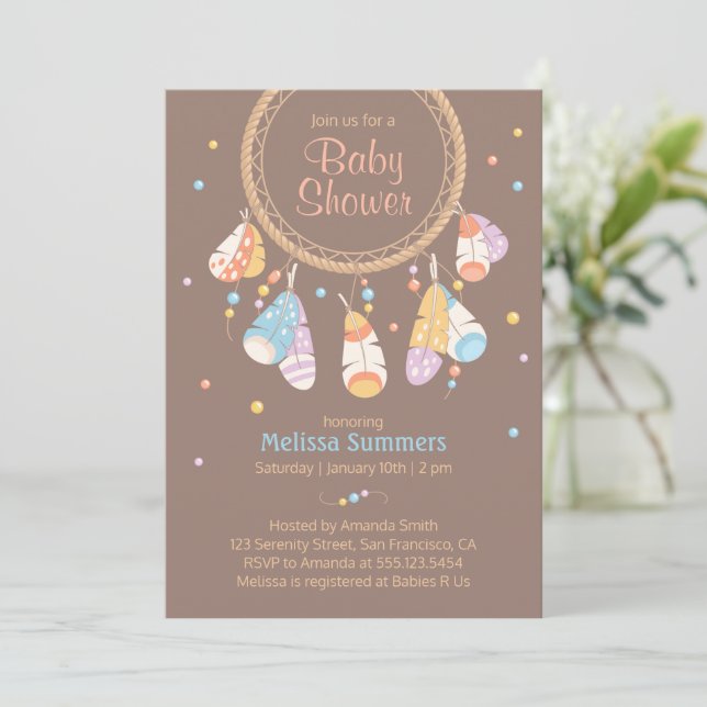 Tribal Dreamcatcher Boho Brown Baby Shower Invitation (Standing Front)