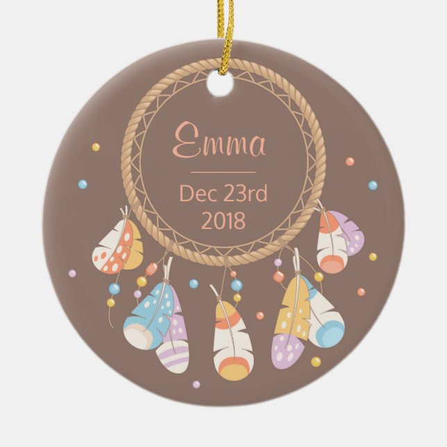 Tribal Dreamcatcher Boho New Baby Keepsake Ceramic Ornament (Front)