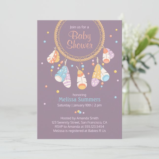 Tribal Dreamcatcher Boho Purple Baby Shower Invitation (Standing Front)