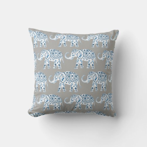 Tribal Elephant blue mandala on grey Throw Pillow
