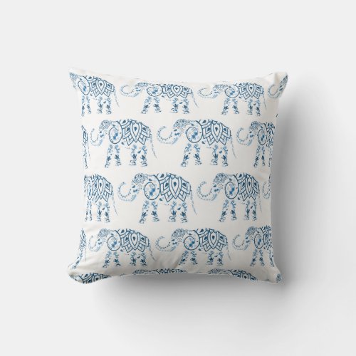 Tribal Elephant Blue Mandala on White Throw Pillow