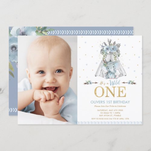 Tribal Elephant Boy Wild One 1st Birthday Photo Invitation