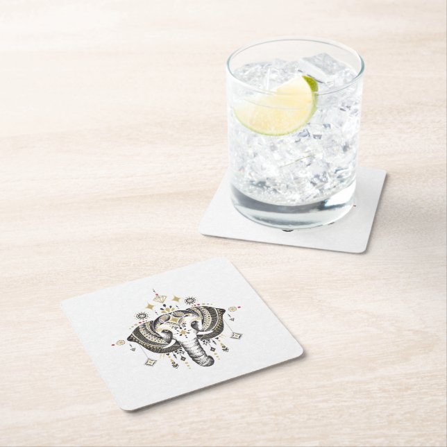 Tribal elephant head illustration square paper coaster (Insitu)