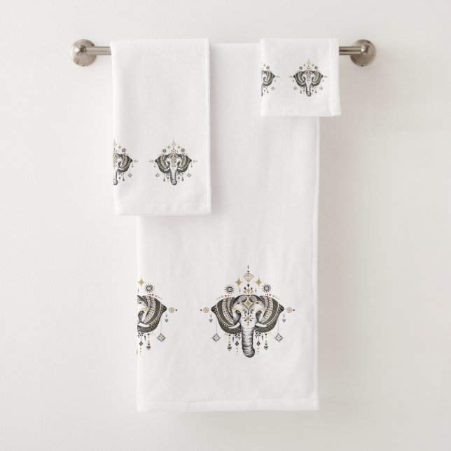 Tribal elephant illustration bath towel set (Insitu)