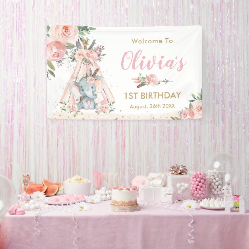Tribal Elephant Pink Floral Birthday Baby Backdrop Banner