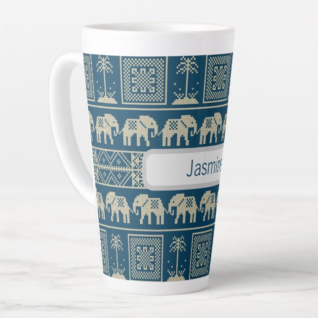 Tribal Elephant & Trees Personalized Latte Mug (Left Angle)