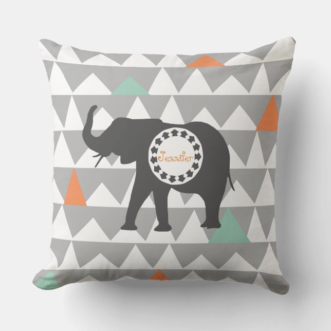Tribal Elephants Aztec Andes Pattern Monogram Throw Pillow (Front)