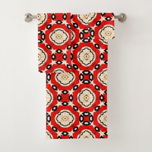 Tribal Ethnic Boho Chic Geometric Red Black Beige Bath Towel Set