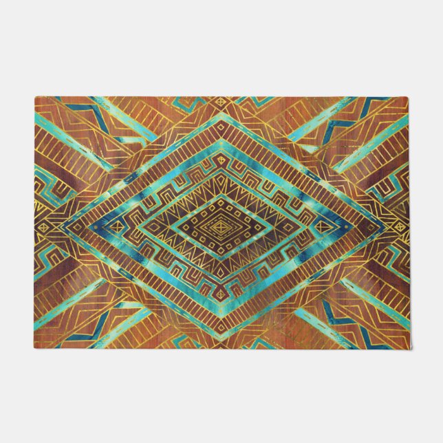 Tribal  Ethnic Boho Pattern burnt orange and gold Doormat (Front)