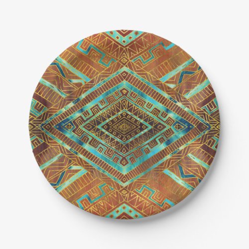 Tribal  Ethnic Boho Pattern burnt orange and gold Paper Plates