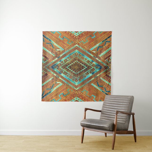 Tribal  Ethnic Boho Pattern burnt orange and gold Tapestry (In Situ)