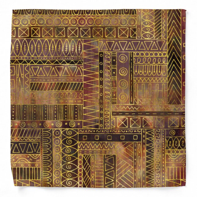 Tribal  Ethnic Boho Pattern gold and brown Bandana (Front)