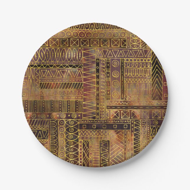 Tribal  Ethnic Boho Pattern gold and brown Paper Plates (Front)