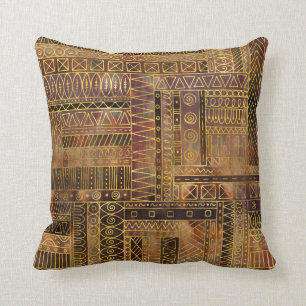 Tribal Ethnic Boho Pattern gold and brown Throw Pillow