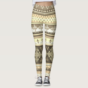 Tribal Ethnic Cream Earth Tones Brown Olive Khaki Leggings