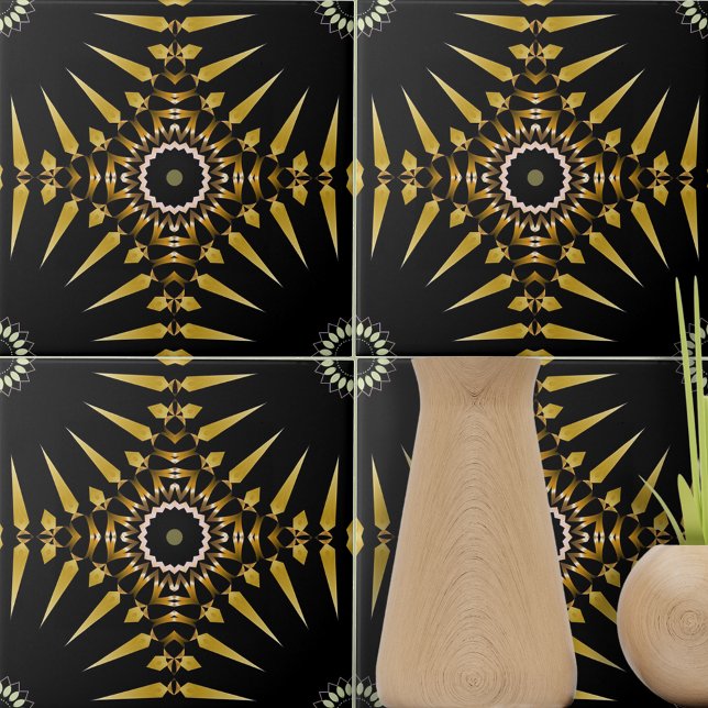 Tribal Ethnic Faux Gold and Black Mosaic Medallion Ceramic Tile (Creator Uploaded)