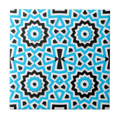 Tribal Ethnic Mosaic Teal Black and White Pattern Ceramic Tile