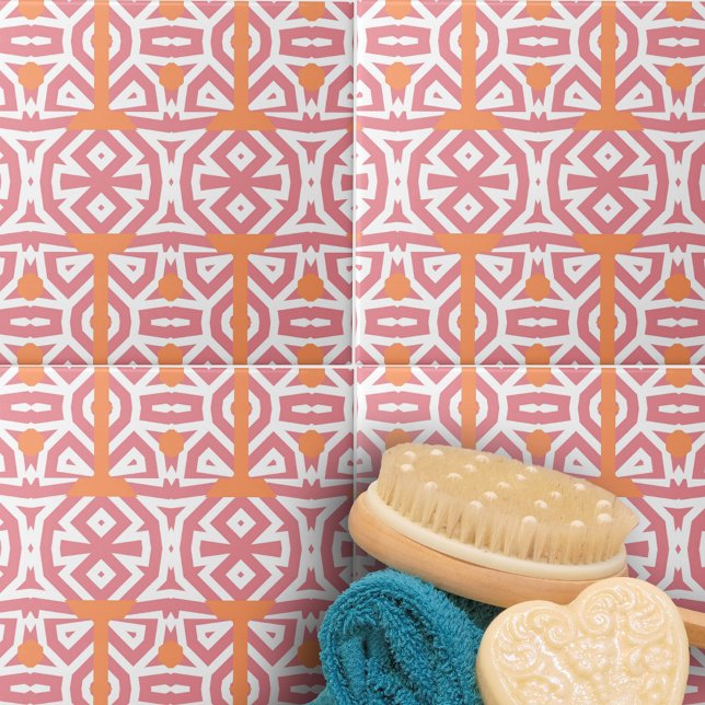 Tribal Ethnic Orange Pink Geometric Pattern Ceramic Tile (Creator Uploaded)