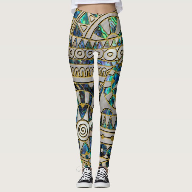 Tribal Ethnic  Pattern Gold on Abalone and Pearl Leggings (Front)