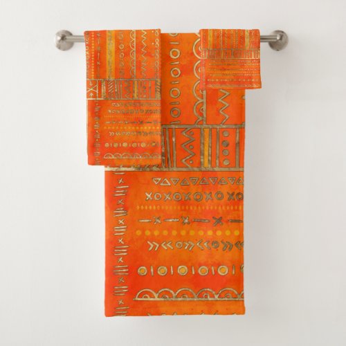 Tribal Ethnic pattern gold on bright orange Bath Towel Set