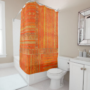 Tribal Ethnic pattern gold on bright orange Shower Curtain