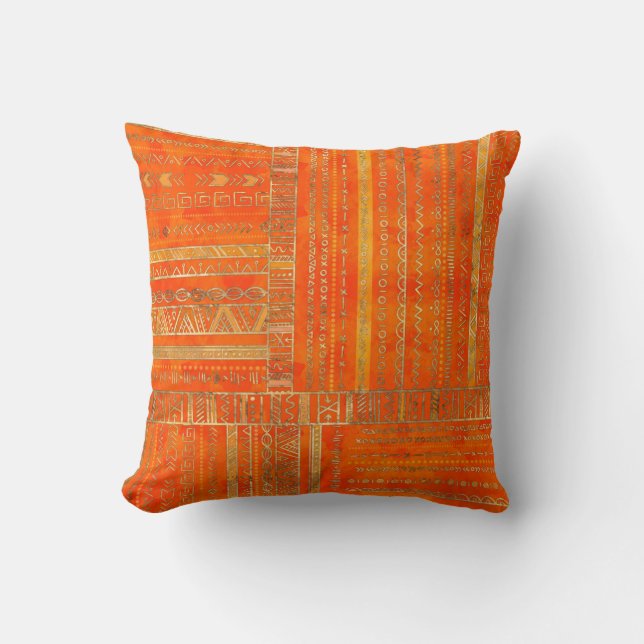 Tribal Ethnic pattern gold on bright orange Throw Pillow (Front)