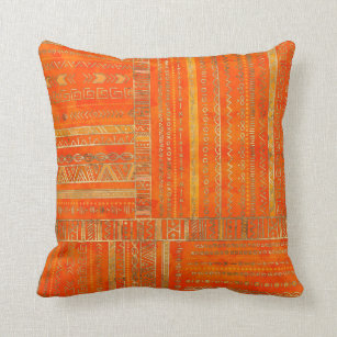 Tribal Ethnic pattern gold on bright orange Throw Pillow