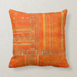 Tribal Ethnic pattern gold on bright orange Throw Pillow