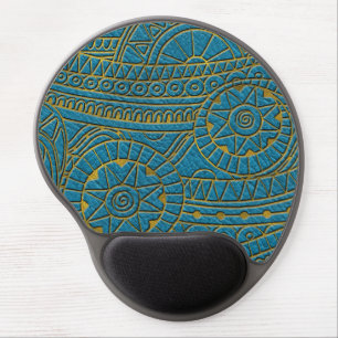 Tribal Ethnic  Pattern Gold on Teal Leather Gel Mouse Pad