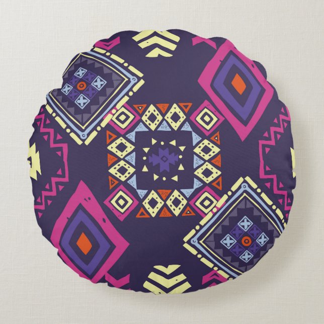 Tribal ethnic, primitive geometric background. round pillow (Front)