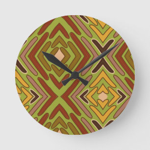 Tribal Ethnic Red Green Gold Pattern Round Clock