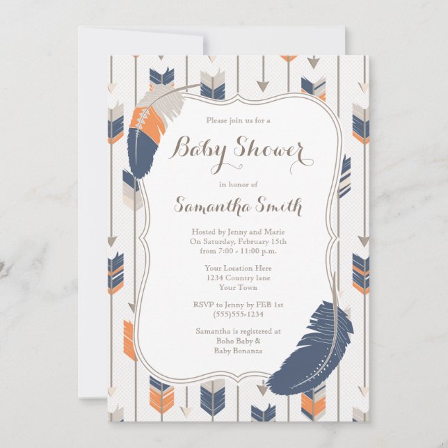 Tribal Feather Arrows Baby Shower Navy Orange Invitation (Front)