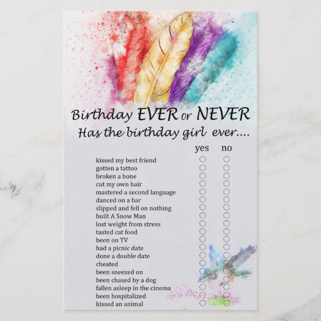 Tribal Feather Birthday ever or never game (Front)