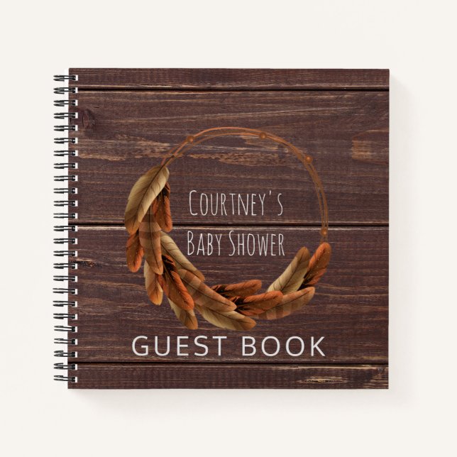 Tribal Feathers Baby Shower Guest Book Rustic Wood (Front)