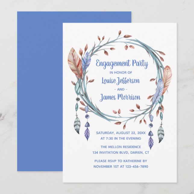 Tribal Feathers Blue Boho Engagement Party Invitation (Front/Back)