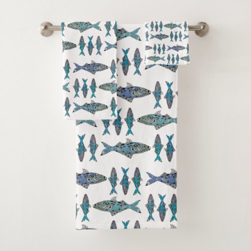 Tribal fish blue green modern graphic design bath towel set