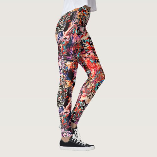 Tribal Floral Abstract Red Turquoise Black Leggings