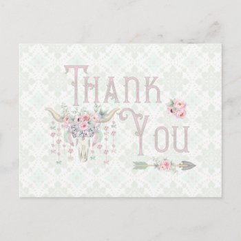 Tribal Floral Bull Horn Arrows Pink Mint Thank You Postcard by HydrangeaBlue at Zazzle