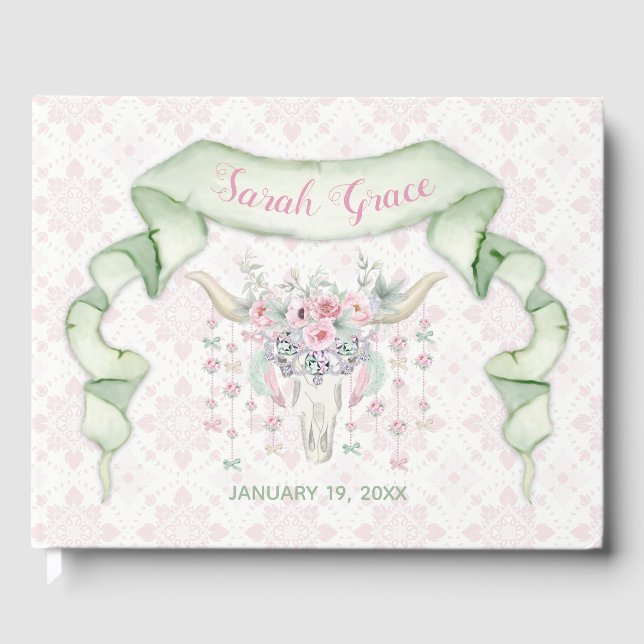 Tribal Floral Bull Horns Arrows Pink Mint Feminine Guest Book (Front)
