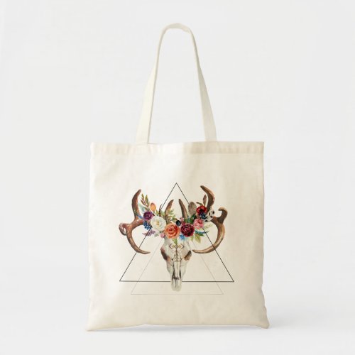 Tribal floral bull skull geometric design tote bag