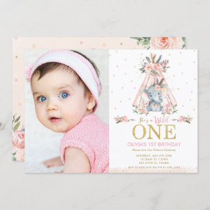 Tribal Floral Elephant Wild One 1st Birthday Photo Invitation