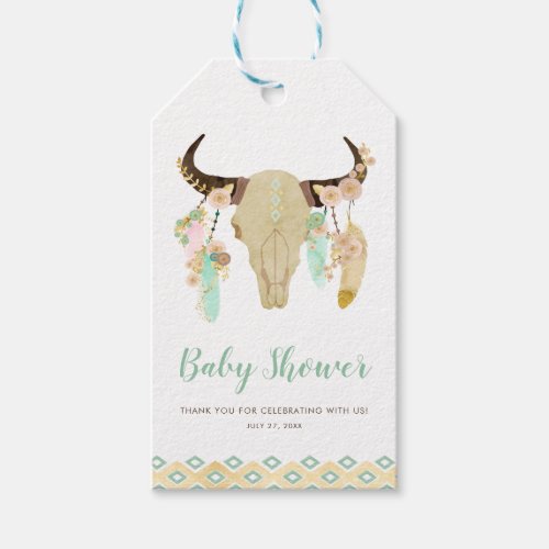 Tribal Floral Skull and Feathers Baby Shower Gift Tags