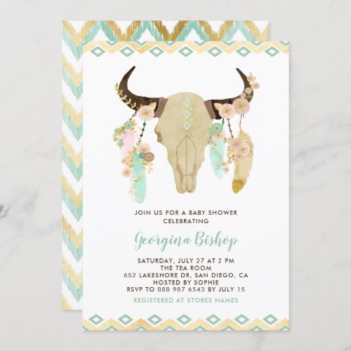 Tribal Floral Skull and Feathers Baby Shower Invitation