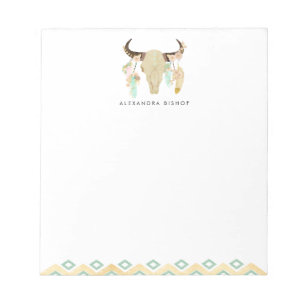 Tribal Floral Skull and Feathers Personalized Notepad