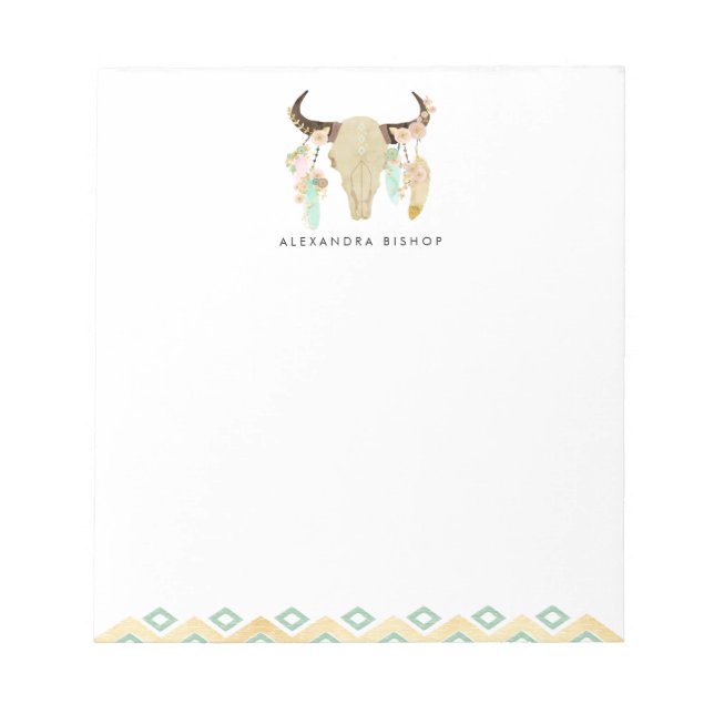 Tribal Floral Skull and Feathers Personalized Notepad (Front)