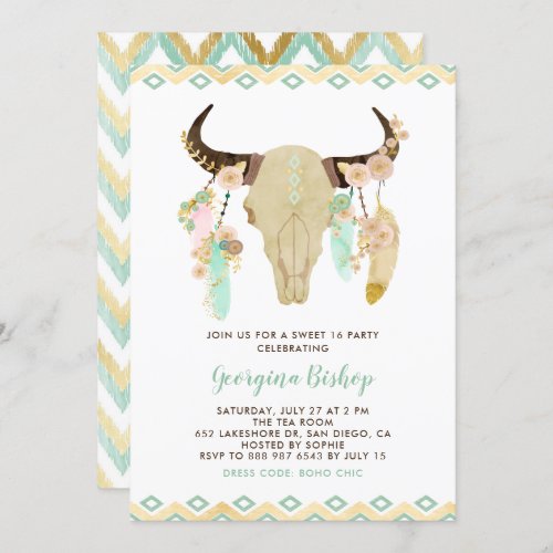 Tribal Floral Skull and Feathers Sweet Sixteen Invitation
