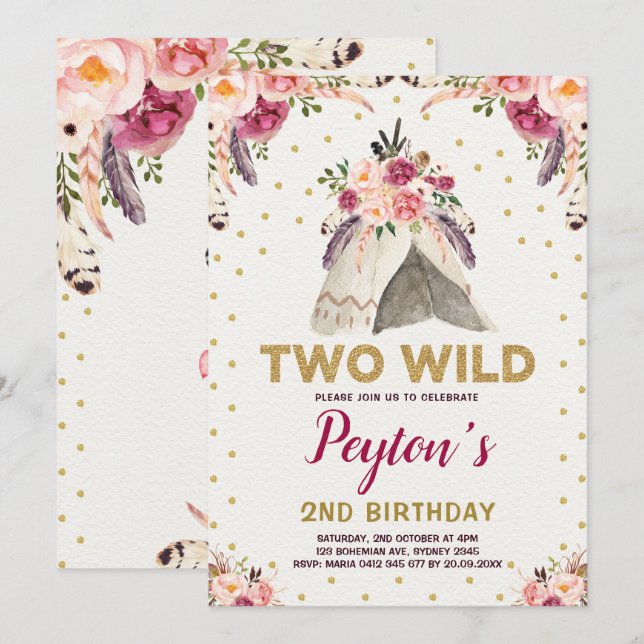 Tribal Floral Teepee TWO WILD Birthday Chic Gold Invitation (Front/Back)