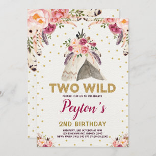 Tribal Floral Teepee TWO WILD Birthday Chic Gold Invitation