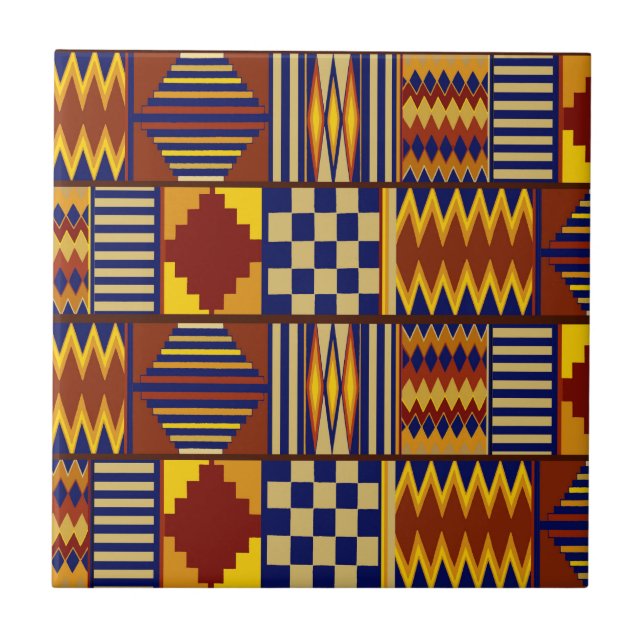 Tribal Folk Art - Rust Navy Yellow Ceramic Tile (Front)